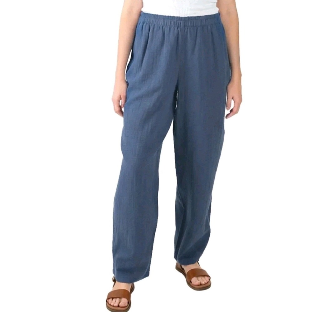 Coldwater Creek Blue Double Gauze Wide Leg Pants XXL Cotton Elastic Waist Pkts